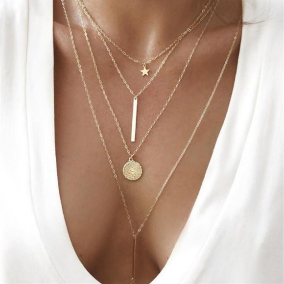 Jewelry - Gold Star Coin Layer Chain Bar Pendent Necklace
